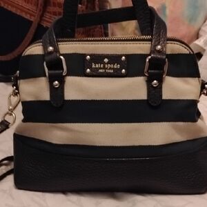 VTG Kate Spade Black & Cream Striped Satchel Handbag Crossbody Adjustable Strap